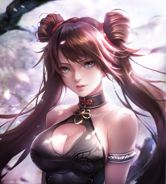 Anime picture 3182x3533 with dungeon and fighter flute (artist) single long hair tall image looking at viewer fringe highres breasts light erotic hair between eyes brown hair large breasts twintails bare shoulders absurdres cleavage upper body outdoors traditional clothes