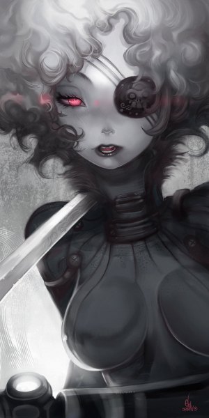 Anime picture 600x1200 with original elsevilla single tall image looking at viewer short hair open mouth light erotic simple background red eyes pink eyes grey hair grey background monochrome pale skin curly hair skull print girl weapon sword