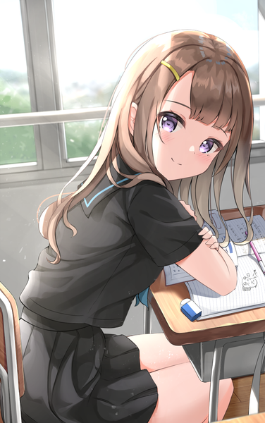Anime picture 815x1301 with original keiran (ryo170) single long hair tall image looking at viewer blush fringe smile brown hair sitting purple eyes indoors blunt bangs pleated skirt crossed arms classroom girl skirt uniform