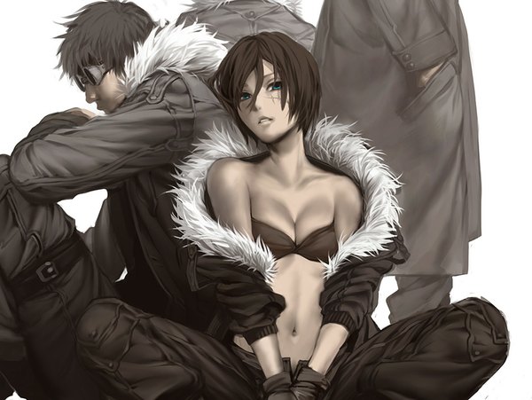 Anime picture 955x719 with original mayumio88 looking at viewer short hair open mouth blue eyes light erotic black hair simple background brown hair white background sitting bare shoulders bent knee (knees) open clothes open jacket bare belly back facial mark hands in pockets