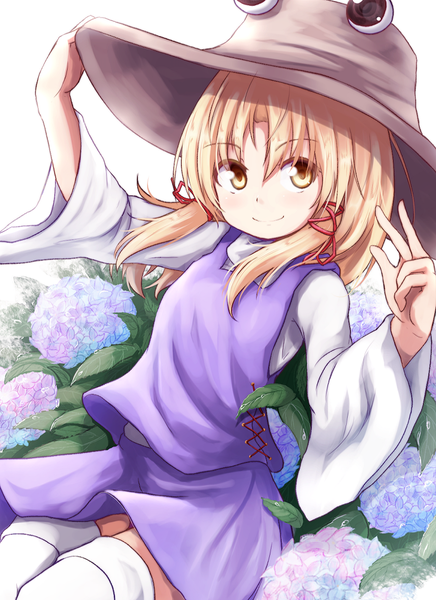 Anime picture 800x1099 with touhou moriya suwako baram single tall image blush fringe short hair simple background blonde hair white background sitting twintails brown eyes payot light smile wide sleeves short twintails looking up lacing