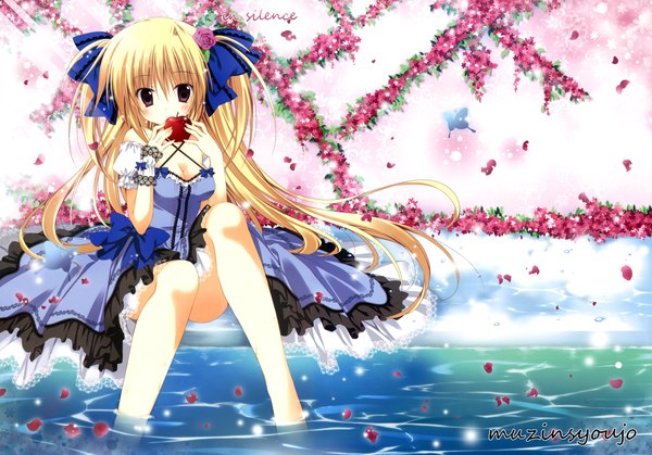 Anime picture 4288x2997 with original korie riko long hair highres blonde hair red eyes absurdres scan girl dress flower (flowers) bow hair bow petals insect butterfly apple