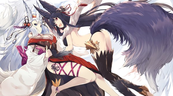 Anime picture 1900x1060 with granblue fantasy yuel (granblue fantasy) socie (granblue fantasy) touzai (poppin phl95) long hair looking at viewer highres breasts open mouth blue eyes light erotic black hair simple background smile red eyes wide image white background multiple girls animal ears payot