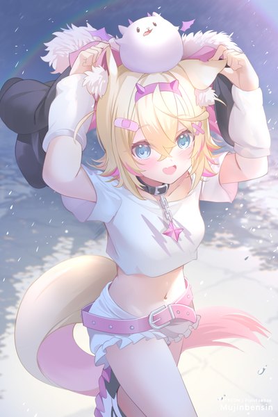 Anime picture 667x1000 with virtual youtuber hololive hololive english mococo abyssgard mococo abyssgard (1st costume) perroccino (fuwamoco) mujinbi single tall image fringe short hair blue eyes blonde hair hair between eyes animal ears tail animal tail arms up midriff dog ears