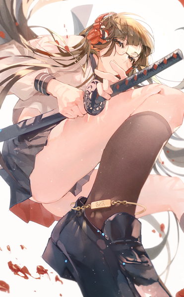 Anime picture 2000x3234 with original idoukunn single tall image looking at viewer highres light erotic brown hair brown eyes ass very long hair sheathed girl skirt uniform weapon miniskirt sword socks glasses