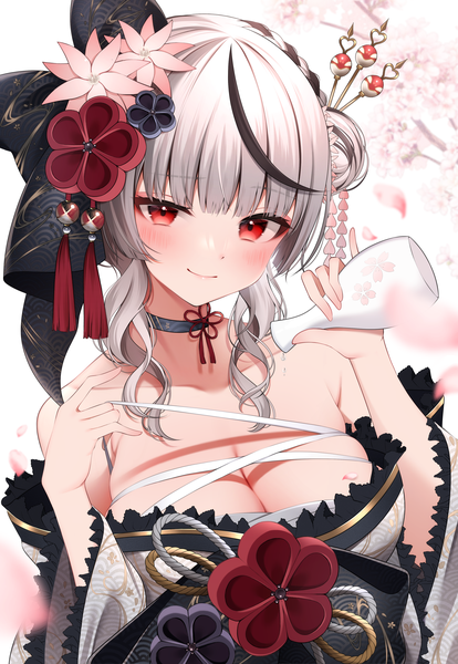 Anime picture 2802x4057 with virtual youtuber hololive sakamata chloe sakamata chloe (new year) namagome negi single tall image looking at viewer blush fringe highres short hair breasts light erotic smile red eyes large breasts bare shoulders silver hair upper body