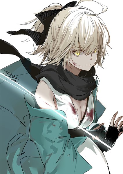 Anime picture 1441x2039 with fate (series) fate/grand order okita souji (fate) (all) okita souji (koha-ace) asahi kuroi single tall image looking at viewer fringe short hair breasts blonde hair simple background hair between eyes white background bare shoulders holding signed yellow eyes cleavage