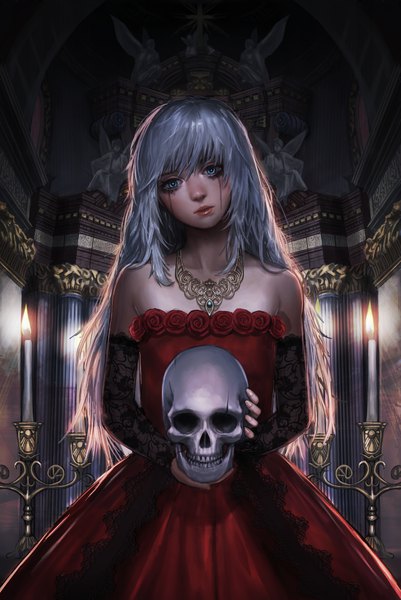 Anime picture 990x1480 with original usukuchi (impasto life) single long hair tall image looking at viewer fringe blue eyes bare shoulders silver hair indoors head tilt fingernails sleeveless tears makeup girl dress flower (flowers) pendant