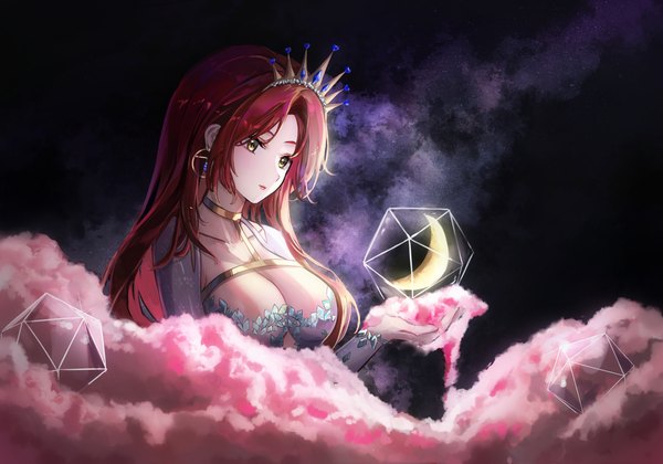 Anime picture 4840x3392 with original dana (hapong07) single long hair fringe highres breasts light erotic large breasts yellow eyes absurdres cleavage cloud (clouds) upper body red hair night night sky crescent girl earrings
