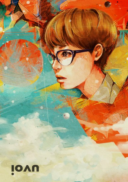 Anime picture 1100x1551 with tae (artist) single tall image short hair lips black eyes orange hair abstract glasses
