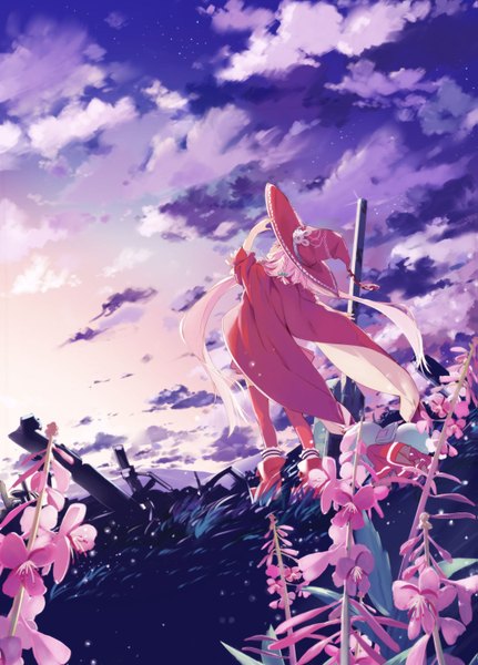 Anime picture 1079x1500 with original g yuusuke single tall image red eyes standing twintails holding looking away pink hair sky cloud (clouds) white hair braid (braids) very long hair pleated skirt wind from behind from below zettai ryouiki