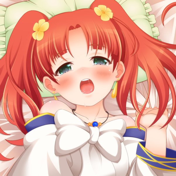 Anime picture 1500x1500 with fractale nessa nukunuku (hinataboltuko) single blush open mouth twintails green eyes red hair lying tears saliva girl bow pillow