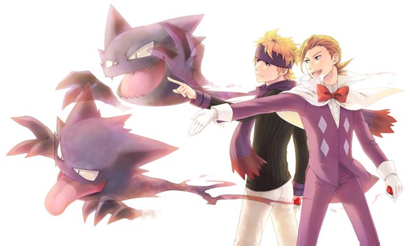 Anime picture 1500x900 with pokemon pokemon heartgold and soulsilver nintendo tagme (character) gengar morty (pokemon) haunter minaki (pokemon) itsuki (nightlight) open mouth simple background blonde hair brown hair wide image white background outstretched arm back to back gen 1 pokemon boy tongue