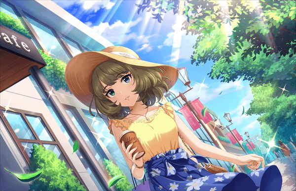 Anime picture 2560x1648 with idolmaster idolmaster cinderella girls idolmaster cinderella girls starlight stage takagaki kaede annindoufu (oicon) single highres short hair brown hair standing holding sky cloud (clouds) outdoors sunlight mole official art sparkle dutch angle mole under eye