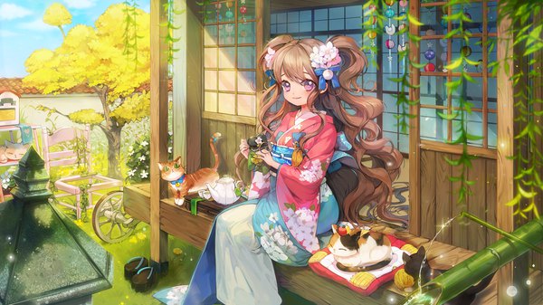 Anime picture 1355x762 with original bosack single looking at viewer smile brown hair wide image sitting purple eyes very long hair traditional clothes japanese clothes two side up wavy hair shoes removed tea set girl hair ornament plant (plants) animal