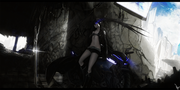 Anime picture 2700x1350 with black rock shooter black rock shooter (character) ex-trident single long hair highres breasts blue eyes light erotic black hair wide image standing twintails looking away sky bent knee (knees) bare belly glowing flat chest glowing eye (eyes)