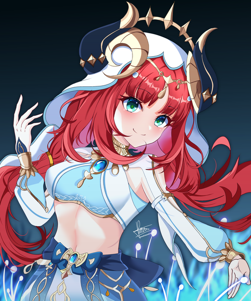 Anime picture 2500x3000 with genshin impact nilou (genshin impact) moshimoshidraw single long hair tall image looking at viewer blush fringe highres light erotic simple background smile twintails upper body red hair blunt bangs long sleeves horn (horns) aqua eyes