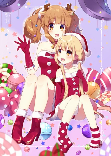 Anime picture 873x1228 with idolmaster idolmaster cinderella girls futaba anzu moroboshi kirari mafuyu (chibi21) sat long hair tall image blush fringe breasts open mouth light erotic blonde hair brown hair sitting twintails multiple girls brown eyes animal ears