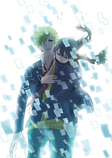 Anime picture 2496x3504 with kyoukai no kanata kyoto animation kanbara akihito nase hiroomi tagme (artist) tall image fringe highres short hair simple background blonde hair smile white background green eyes fingernails light smile grey hair hair over one eye multiple boys hug