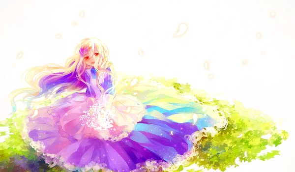 Anime-Bild 1200x700 mit kagerou project shaft (studio) mary (kagerou project) mint5464 single long hair looking at viewer blush open mouth red eyes wide image white background purple hair from above wind girl dress flower (flowers) plant (plants) petals