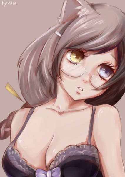 Anime picture 1032x1457 with bakemonogatari shaft (studio) monogatari (series) hanekawa tsubasa mw (pixiv id3735443) single long hair tall image breasts open mouth blue eyes light erotic black hair simple background bare shoulders animal ears yellow eyes looking away white hair braid (braids)