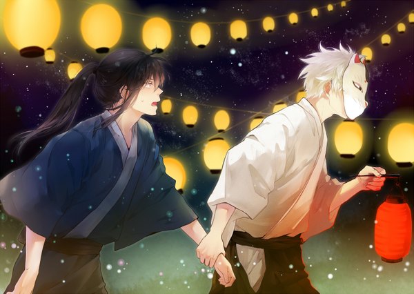 Anime picture 1529x1087 with gintama sunrise (studio) sakata gintoki hijikata toshiro ke (pixiv) long hair short hair open mouth black hair silver hair ponytail traditional clothes japanese clothes profile multiple boys holding hands festival boy 2 boys mask