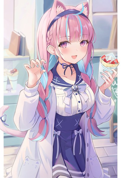 Anime picture 1200x1760 with virtual youtuber hololive minato aqua minato aqua (sailor) sisoha single long hair tall image looking at viewer fringe open mouth purple eyes animal ears pink hair tail blunt bangs braid (braids) :d animal tail multicolored hair