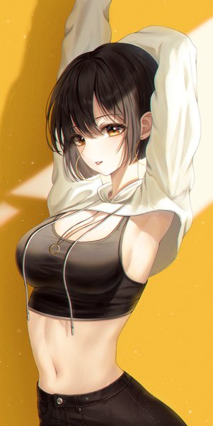 Anime picture 2044x4071 with original bobmond single tall image looking at viewer fringe highres short hair breasts black hair simple background hair between eyes large breasts standing yellow eyes cleavage parted lips mole arms up armpit (armpits)