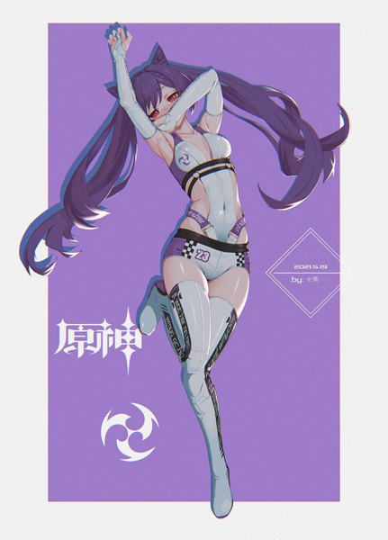 Anime picture 3666x5101 with genshin impact keqing (genshin impact) chunai zhanshen milili single long hair tall image looking at viewer fringe highres breasts light erotic simple background red eyes twintails signed payot absurdres purple hair bent knee (knees) lying