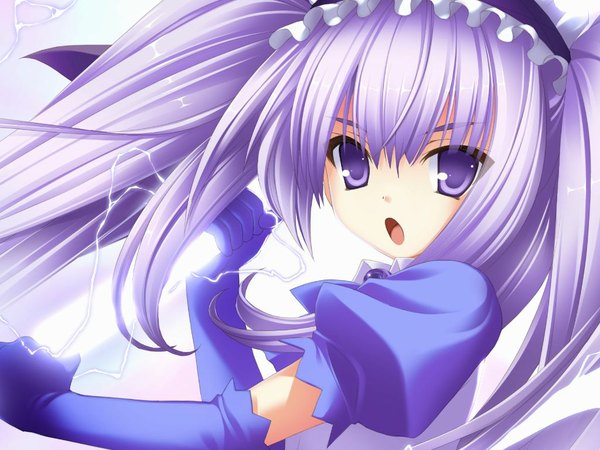 Anime picture 1024x768 with the shapeshifter aretha mall long hair open mouth purple eyes twintails game cg purple hair loli girl