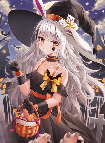 Anime picture 4400x6000 with original ichizon single long hair tall image looking at viewer blush highres smile red eyes animal ears absurdres sky silver hair cloud (clouds) bunny ears grin halloween paw pose girl