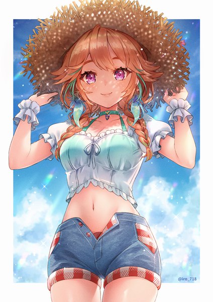 Anime picture 1000x1414 with virtual youtuber hololive hololive english takanashi kiara tyyni single long hair tall image looking at viewer light erotic smile signed sky cloud (clouds) braid (braids) orange hair sparkle from below midriff twitter username