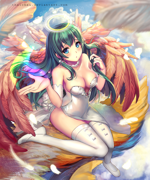 Anime picture 999x1200 with original riiya (mabong1989) single long hair tall image looking at viewer blush fringe breasts blue eyes light erotic hair between eyes sitting bare shoulders signed sky cleavage cloud (clouds) parted lips green hair