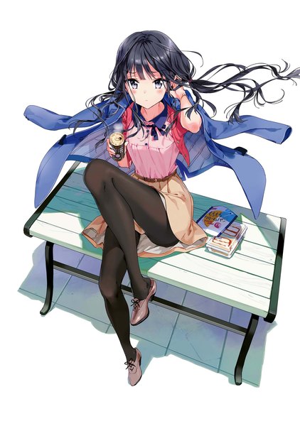 Anime picture 1352x1920 with masamune-kun no revenge silver link adagaki aki tiv single long hair tall image looking at viewer blush fringe light erotic black hair simple background white background sitting purple eyes twintails holding full body bent knee (knees)
