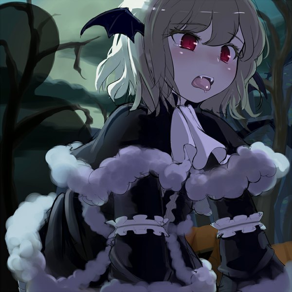 Anime picture 1000x1000 with latale zi-shot (artist) single blush short hair open mouth red eyes grey hair teeth fang (fangs) head wings vampire girl wings tongue teardrop clothes