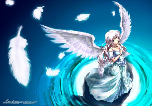Anime picture 1420x990 with original long hair blue eyes white hair blue background girl dress wings jewelry feather (feathers)