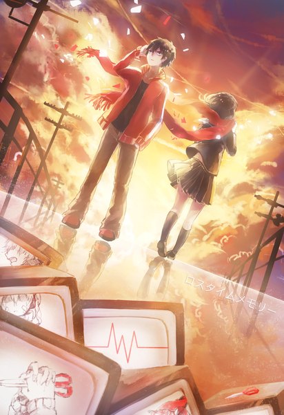 Anime picture 2031x2952 with kagerou project shaft (studio) loss time memory (vocaloid) lost time memory (kagerou project) tateyama ayano ene (kagerou project) kisaragi shintarou domik long hair tall image fringe highres short hair hair between eyes brown hair standing holding looking away sky cloud (clouds)