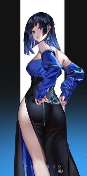 Anime picture 2483x5000 with genshin impact yelan (genshin impact) ringeko-chan single tall image looking at viewer fringe highres short hair breasts light erotic black hair simple background standing signed blue hair blunt bangs long sleeves looking back multicolored hair