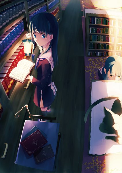 Anime picture 706x1000 with original achiki long hair tall image blue eyes black hair multiple girls brown eyes indoors from above light girl dress uniform 2 girls animal book (books) cat lantern library