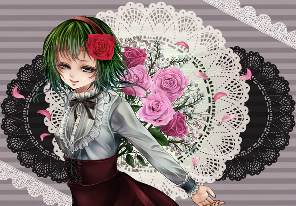 Anime picture 1277x891 with vocaloid gumi shio (blacksio) single short hair green eyes hair flower green hair girl dress hair ornament flower (flowers) hairband rose (roses) red rose pink rose
