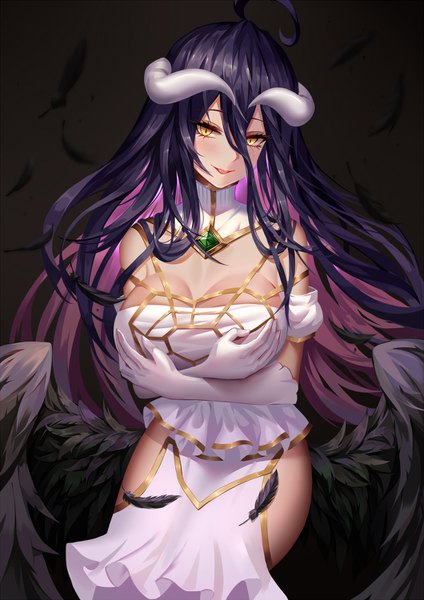 Anime-Bild 1060x1500 mit overlord (maruyama) madhouse albedo (overlord) aaeru single long hair tall image blush fringe breasts light erotic black hair simple background smile hair between eyes large breasts yellow eyes pink hair cleavage ahoge