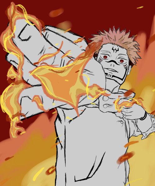 Аниме картинка 3000x3600 с магическая битва mappa itadori yuuji ryoumen sukuna (jujutsu kaisen) darksone один (одна) высокое изображение высокое разрешение короткие волосы красные глаза верхняя часть тела красные волосы знак (отметка) на лице плохо нарисовано мужчина пламя