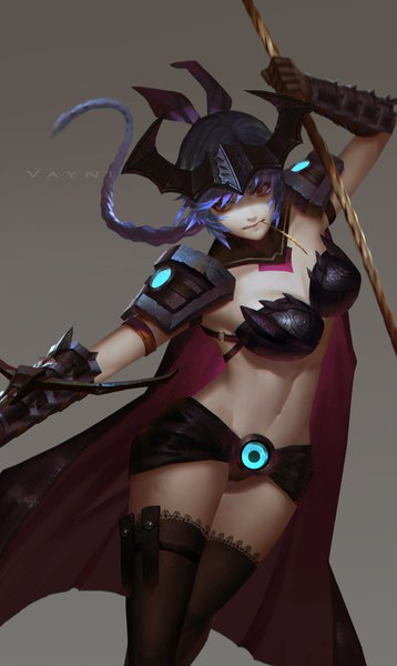 Anime picture 2000x3344 with league of legends vayne (league of legends) cabalfan single long hair tall image highres light erotic purple eyes holding payot looking away purple hair braid (braids) mouth hold single braid arm guard girl thighhighs black thighhighs