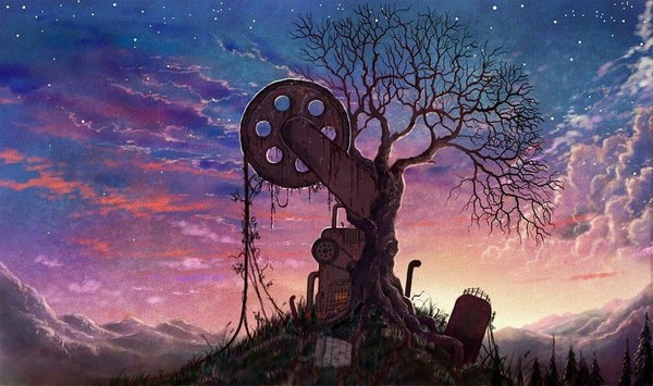 Anime picture 1007x596 with original cola (pixiv) wide image sky cloud (clouds) evening sunset no people landscape mechanical plant (plants) tree (trees) star (stars)