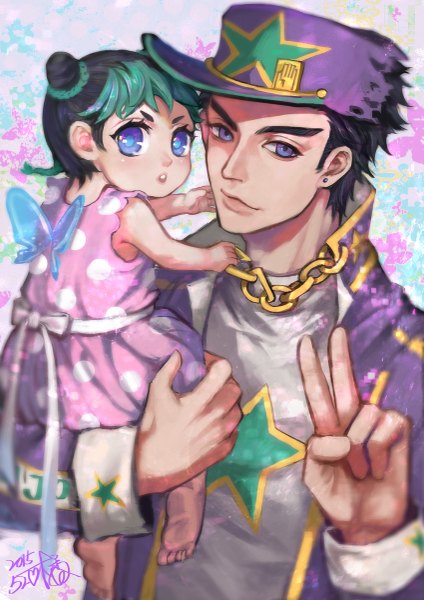 Anime picture 849x1200 with jojo no kimyou na bouken kujo jotaro kujo jolyne fan ju tall image looking at viewer blush fringe short hair black hair smile purple eyes signed braid (braids) multicolored hair barefoot green hair two-tone hair hair bun (hair buns) piercing