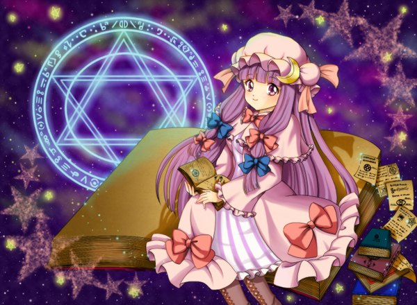 Anime picture 1500x1100 with touhou patchouli knowledge mikiky (artist) single long hair purple eyes purple hair magic striped hexagram girl dress bow star (symbol) book (books) star (stars) bonnet magic circle star of david