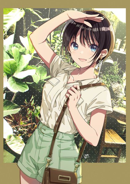 Anime picture 1063x1500 with original mosuko single tall image looking at viewer short hair open mouth blue eyes black hair :d short sleeves open collar salute girl plant (plants) earrings shorts short shorts bag ring