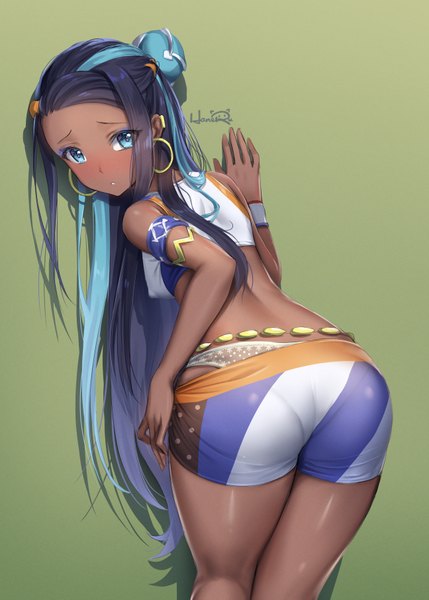 Anime picture 1296x1812 with pokemon pokemon (game) pokemon swsh nintendo nessa (pokemon) haneru single long hair tall image looking at viewer blush blue eyes light erotic black hair simple background standing payot ass parted lips looking back