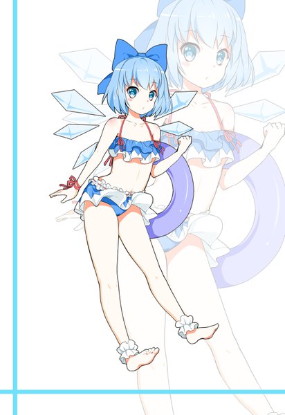 Anime-Bild 2031x2952 mit touhou cirno greetload single tall image looking at viewer fringe highres short hair blue eyes light erotic simple background white background blue hair full body barefoot :o flat chest zoom layer adapted costume