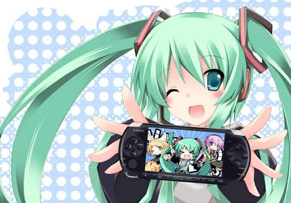 Anime picture 1100x770 with vocaloid hatsune miku green eyes green hair girl